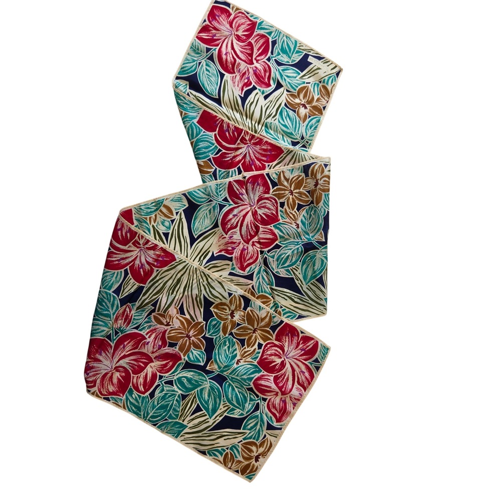 Vintage ECHO Floral Scarf 52x11 Red Turquoise Navy Gold Tropical Print